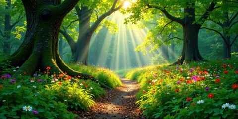 Obraz premium Serene Sunbeams Illuminating a Path Through a Lush Floral Forest, Creating a Tranquil and Magical Atmosphere