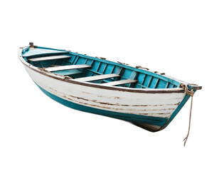 Antique Teal and White Wooden Rowboat on Transparent Background