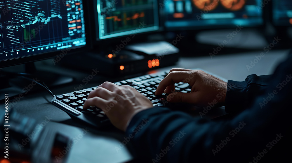 Aufkleber Software developer programming and coding on computer keyboard in dark room at night