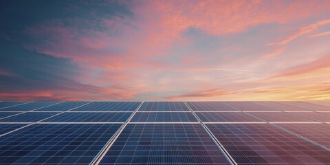 Green energy landscape with solar panels under a vibrant sunset sky, showcasing sustainable technology in harmony with nature.