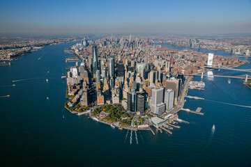 Panoramic Aerial View of Lower Manhattan with Iconic Skyline, Brooklyn Bridge, and Surrounding Rivers, New York City, Downtown Skyscrapers 