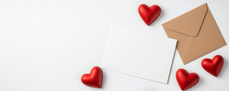 A romantic flat lay featuring a blank card, a brown envelope, and red heart decorations, perfect for love notes or special messages.