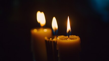 Three burning candles illuminate the dark