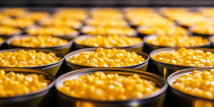 Rows of canned sweetcorn in a food processing facility.