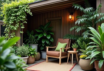 Fototapeta premium Lush Outdoor Relaxation: Brown Armchair, Green Cushion, Round Table, Potted Plants, Slanted Wood Roof, Vintage Wall Light, Cozy Rug, Natural Setting, Tranquil, Relaxing.