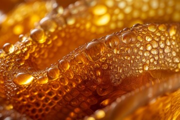 Close-up of golden, textured surface with water droplets.