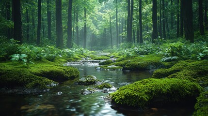 Obraz premium Enchanted Forest Stream: A Serene Escape into Nature's Embrace