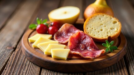 A delectable arrangement of cured meat, cheese cubes, and baked bread rounds on a rustic wooden board, garnished with fresh herbs and cherry tomatoes
