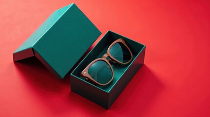 Stylish sunglasses nestled in a teal gift box on a vibrant red background