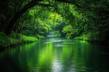 Obraz premium Lush green jungle with vines hanging from the trees and a river winding through, the scene vibrant and full of life, inviting exploration.