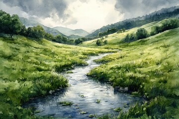 Lush green valley with a gentle stream running through it, the water reflecting soft watercolor shades.