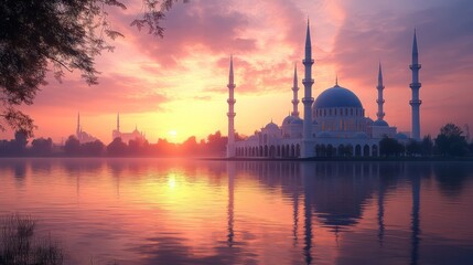 Fototapeta premium Majestic Mosque at Sunrise: A Serene Reflection