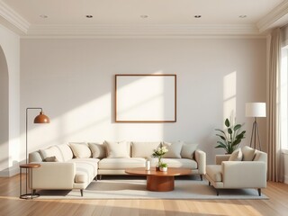 A cozy and spacious living room with minimalist wall art mockup, relaxation, interior design, cozy