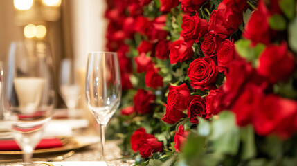 A striking wall of lush red roses forms an alluring backdrop, perfect for romantic events or Valentine's celebrations, exuding timeless elegance and passion.