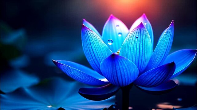 A slow smooth movement towards a blue lotus flower, gradually revealing the intricate details of its petals and the surrounding lily pads.