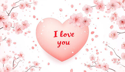 A pink heart with "I love you" written in red, surrounded by cherry blossoms on a crisp white background. The simple, cartoon-style design captures sweet romantic vibes.