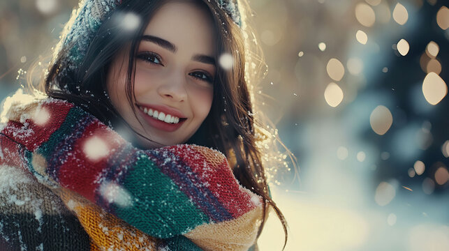 A joyful woman smiles amidst falling snow, wrapped in colorful knitted scarves. The soft lighting and bokeh background create a cozy and festive winter mood.