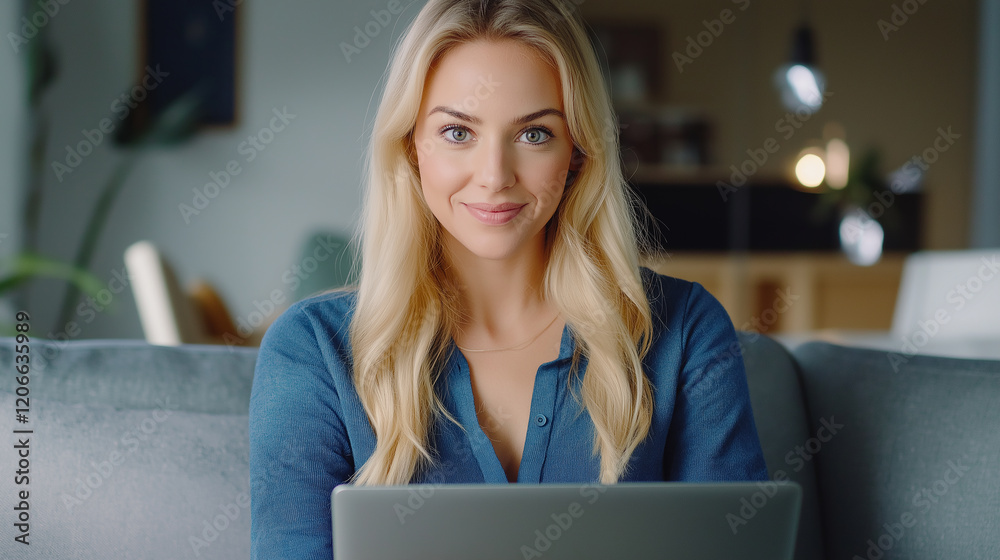 Poster young woman working from home using laptop computer on sofa