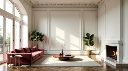Fototapeta premium Elegant living room interior design with a crimson sofa, hardwood floors, and a fireplace