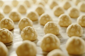 Rows of unbaked dough balls on parchment paper.