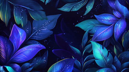 The image showcases a mesmerizing collection of leaves in various shades of blue, purple, and green, set against a dark background.