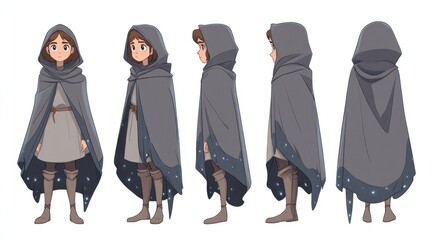 Girl, hooded cloak, animation, character, poses, design, digital art, white background, game asset
