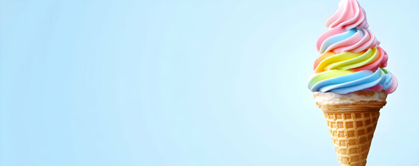 Rainbow soft serve cone, blue backdrop