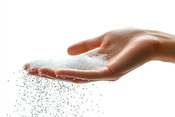 Fototapeta premium Hand Pouring Salt on White Surface in Studio Lighting