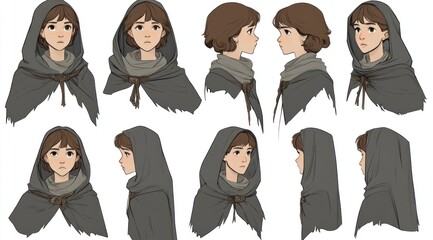 Girl, hooded cloak, character design, profile views, game asset