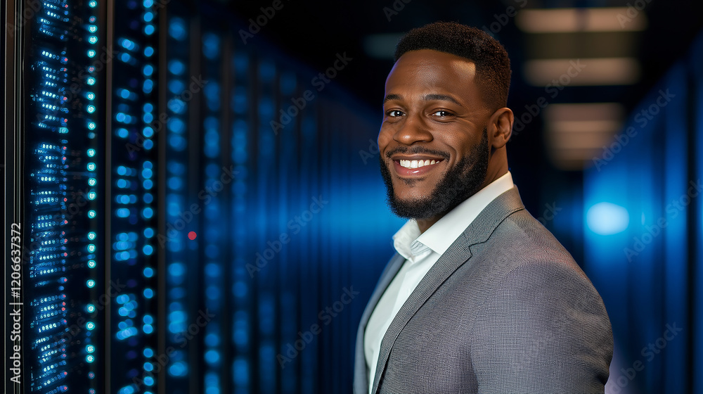 Aufkleber It engineer smiling and posing in a server room with blue lights