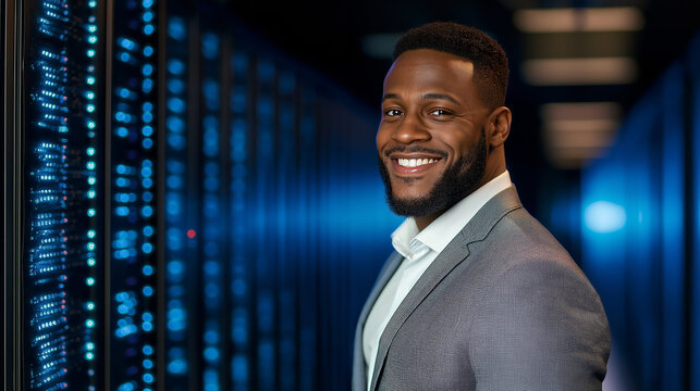 It engineer smiling and posing in a server room with blue lights