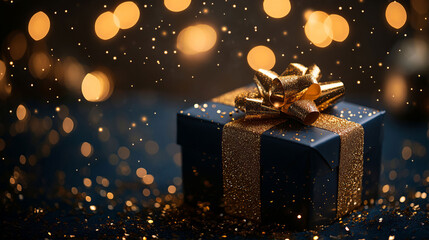 A dark blue gift box with a gold ribbon and golden sparkles creates a luxurious atmosphere, ideal for festive events or corporate celebrations.