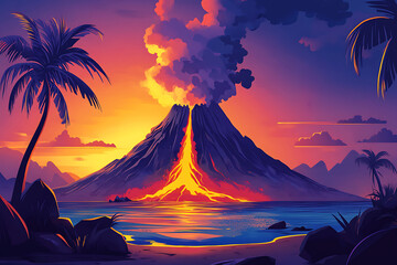 A vibrant sunset scene depicting a volcanic eruption on a tropical beach with palm trees