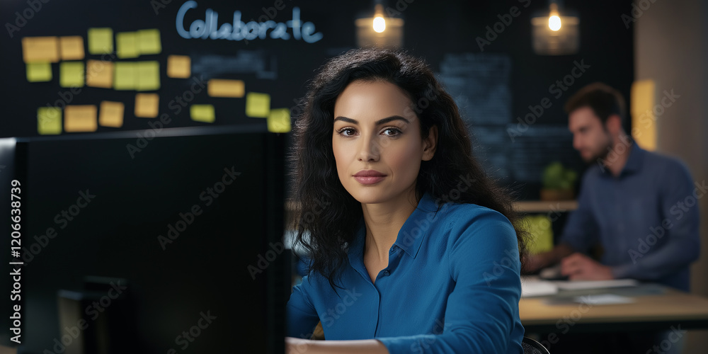 Poster confident businesswoman working on computer in modern office with colleagues collaborating