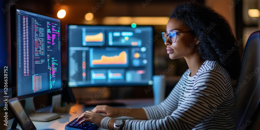 Poster Focused female programmer working on computer code and data analysis at night