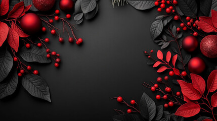 Red Christmas decorations in a flat lay contrast a black background. With red balls, leaves, and branches, the dark palette leaves room for text, making it ideal for festive