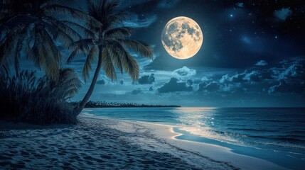 Tropical Night Seascape: Full Moon over Serene Beach