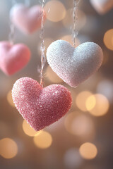 Fototapeta premium Pink and white hearts float through the air, set against a blurred bokeh background. This romantic scene evokes a dreamy atmosphere, perfect for Valentine's Day wallpapers or cards expressing love.