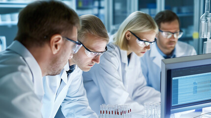 Scientists working with test tubes and computer in laboratory