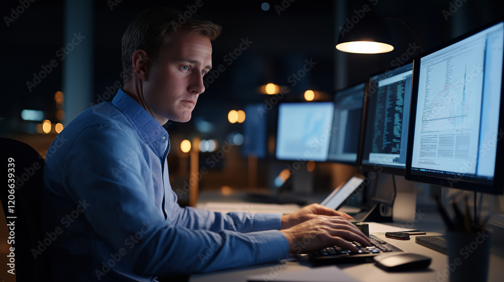 Poster Focused programmer working late night on computer code in office