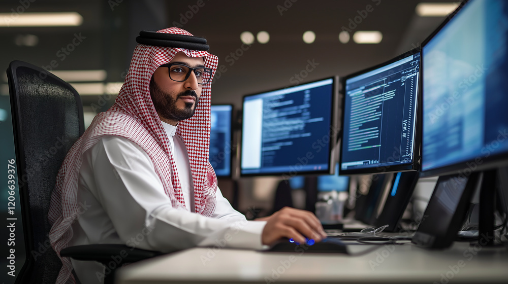 Poster Arab software developer working on computer in modern office