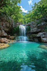 Waterfall cascading into a serene turquoise pool surrounded by lush greenery on a sunny day
