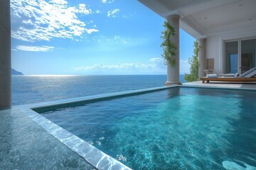 Fototapeta premium Luxury villa with ocean view and infinity pool at sunrise by the coast