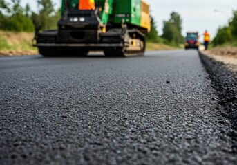 Fototapeta premium A close-up of freshly laid asphalt on a road with a blurred background showing construction machinery