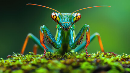 Fototapeta premium Vibrant green praying mantis with orange legs perched on moss, close-up.