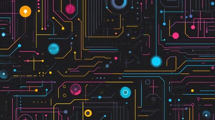 Abstract circuit board design with vibrant colors on a dark background.