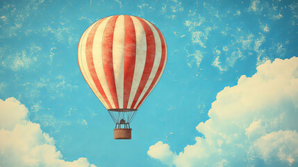 Naklejka premium A vintage red and white striped hot-air balloon floats in a clear blue sky, evoking nostalgia and adventure. The minimalist backdrop enhances its charm and simplicity.