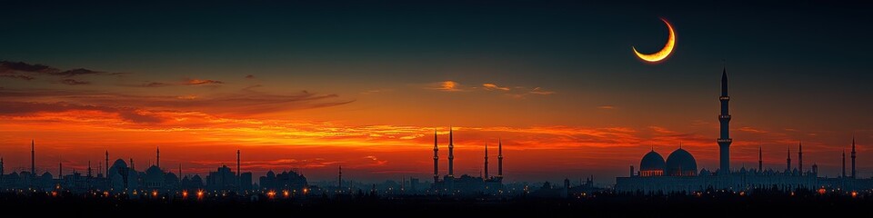 Fototapeta premium Majestic Sunset over a Cityscape with Mosques and a Crescent Moon