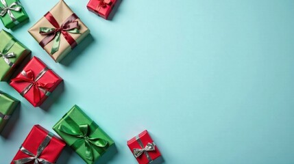 A Festive Collection of Wrapped Presents with Ribbons on a Light Blue Background, Ideal for Holiday Greetings or Seasonal Celebrations