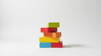 Obraz premium A colorful stack of rectangular wooden blocks arranged in a playful, unstable tower against a plain white background.